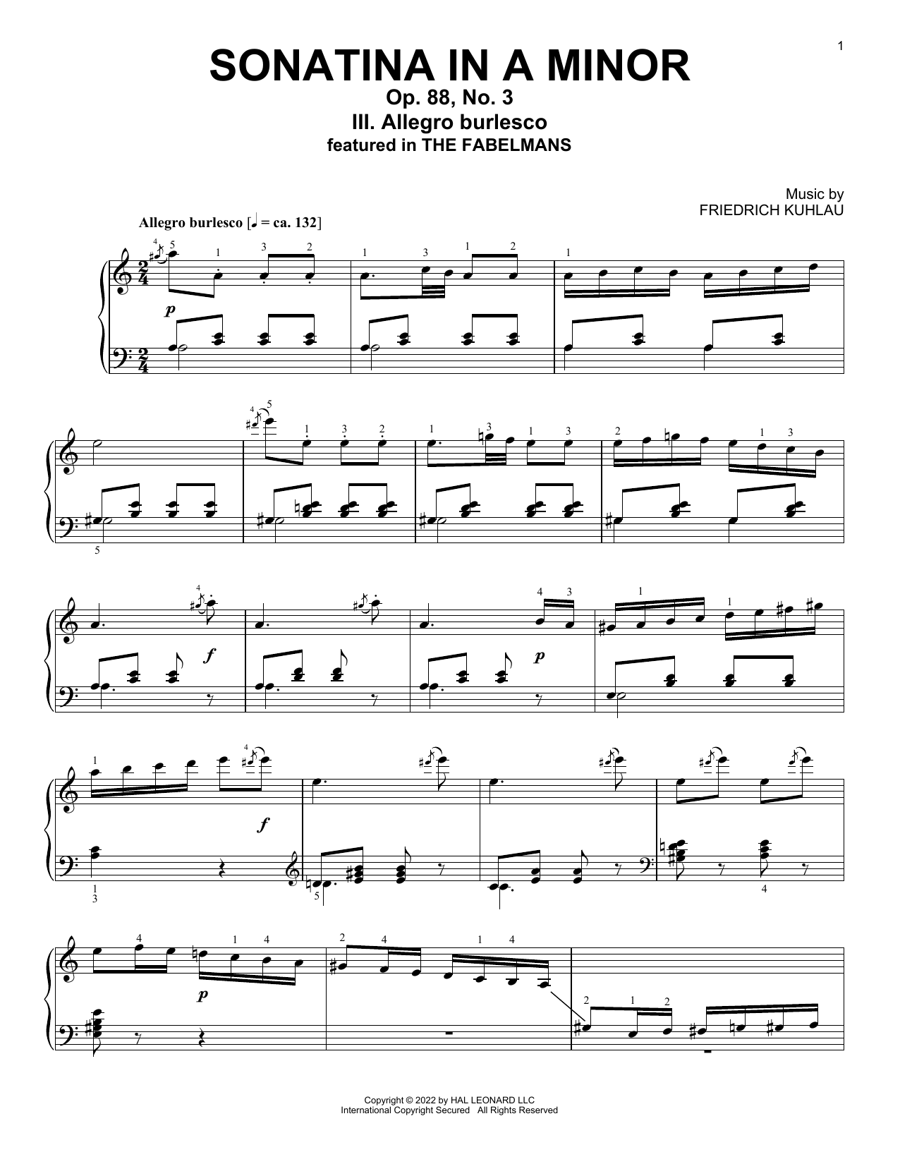 Friedrich Kuhlau Allegro Burlesco, Sonatina In A Minor, Op. 88, No. 3 Sheet Music Notes & Chords for Piano Solo - Download or Print PDF