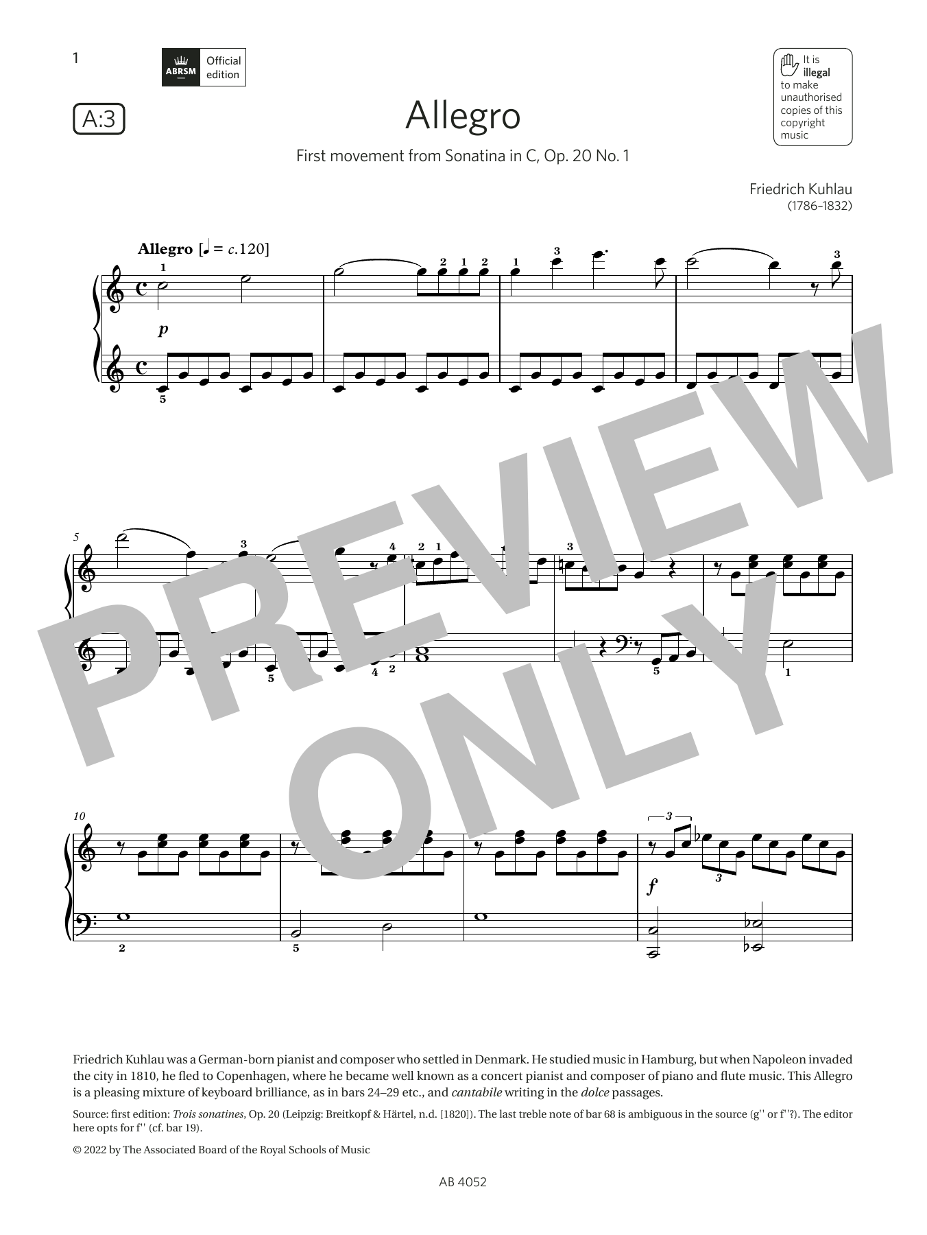 Friedrich Kuhlau Allegro (Grade 6, list A3, from the ABRSM Piano Syllabus 2023 & 2024) Sheet Music Notes & Chords for Piano Solo - Download or Print PDF