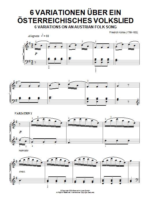 Friedrich Kuhlau Six Variations On An Austrian Folk Song Sheet Music Notes & Chords for Piano - Download or Print PDF