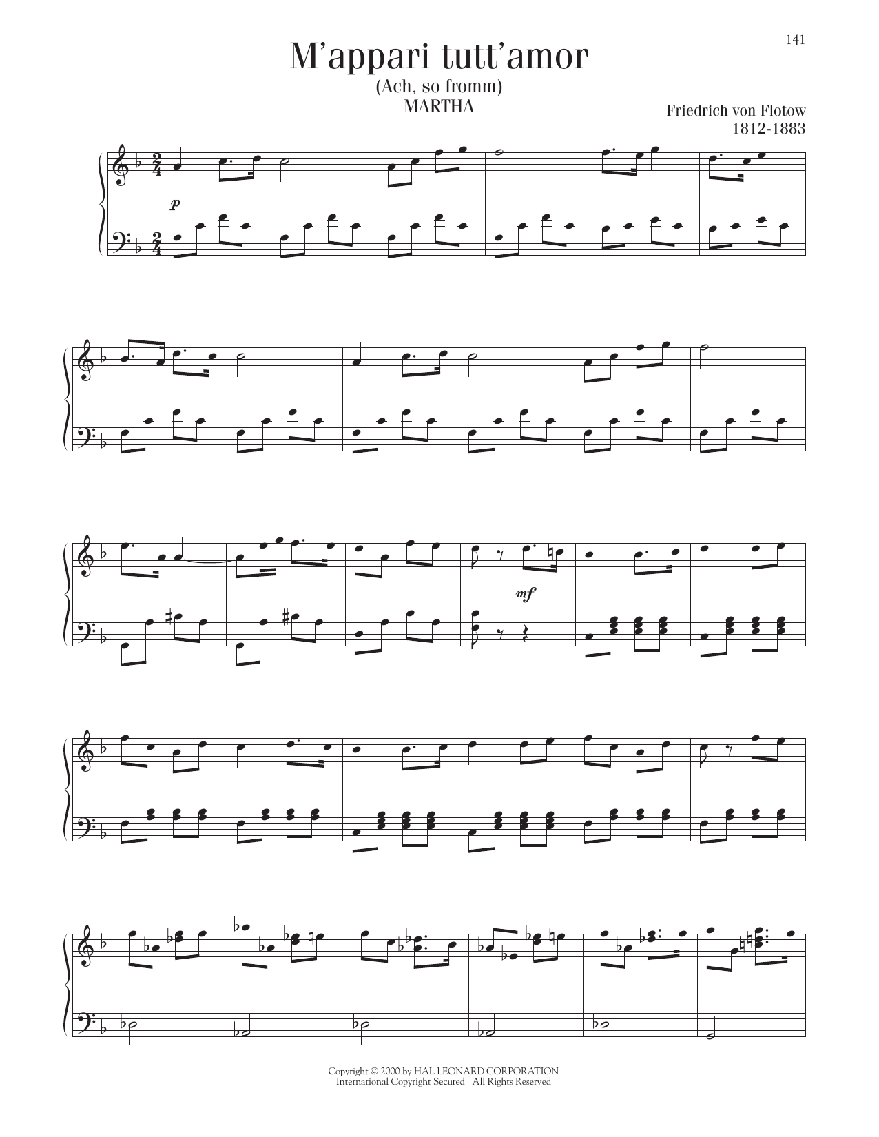 Friedrich von Flotow M'Appari Tutt' Amor Sheet Music Notes & Chords for Piano Solo - Download or Print PDF