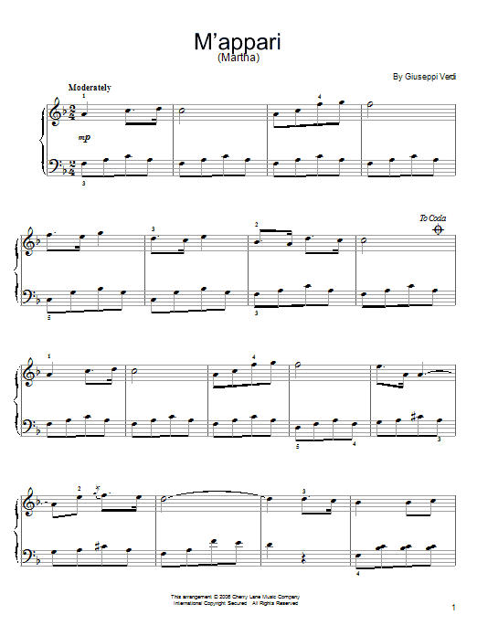 Friedrich von Flotow M'appari tutt'amor Sheet Music Notes & Chords for Easy Piano - Download or Print PDF