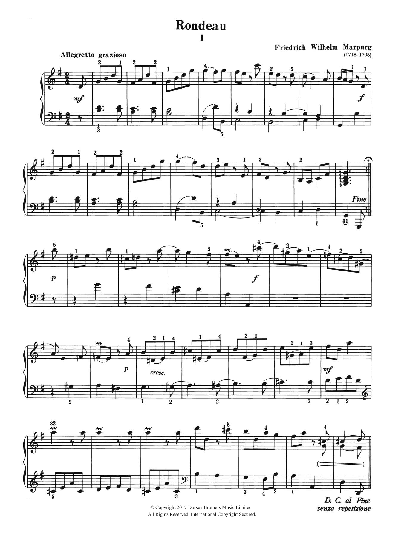 Friedrich Wilhelm Marpurg Rondeau Sheet Music Notes & Chords for Piano - Download or Print PDF