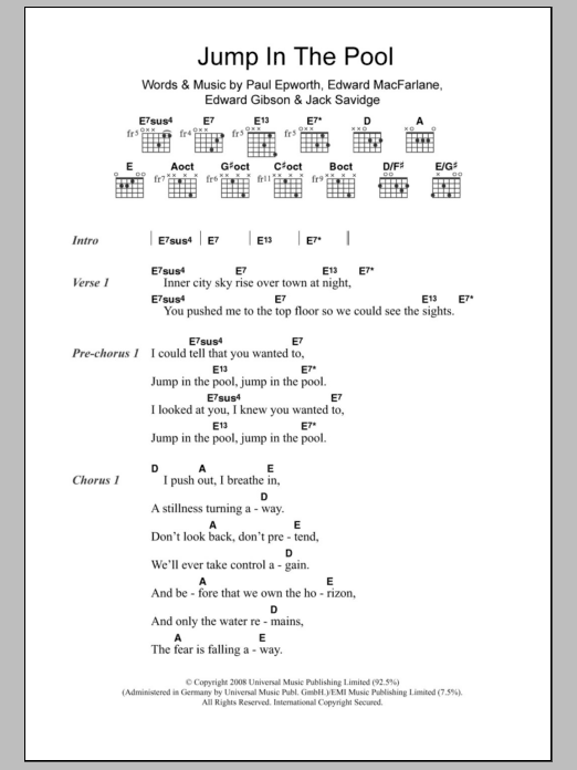 Friendly Fires Jump In The Pool Sheet Music Notes & Chords for Lyrics & Chords - Download or Print PDF