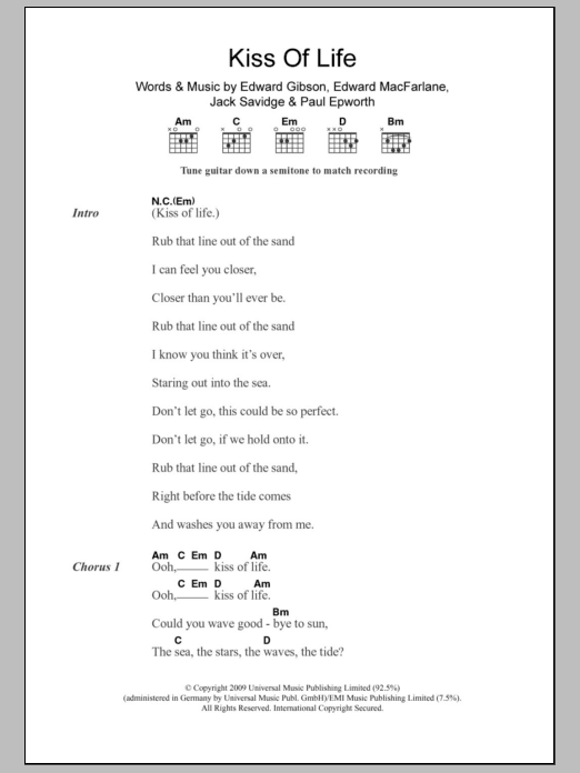 Friendly Fires Kiss Of Life Sheet Music Notes & Chords for Lyrics & Chords - Download or Print PDF