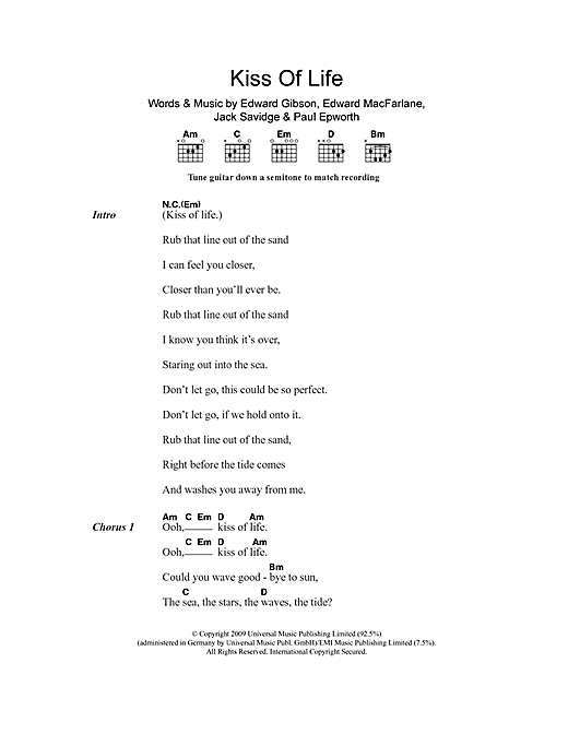 Friendly Fires Kiss Of Life Sheet Music Notes & Chords for Lyrics & Chords - Download or Print PDF