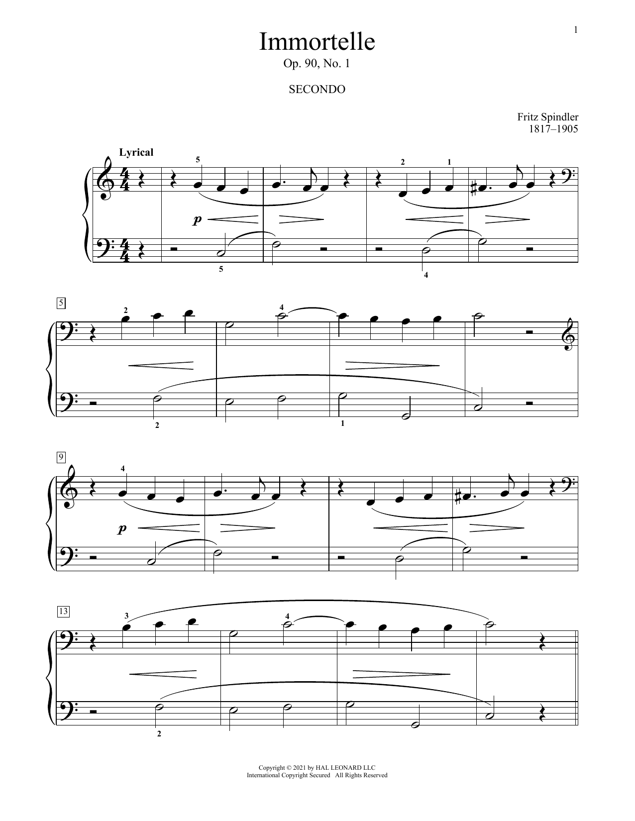 Fritz Spindler Immortelle, Op. 90, No. 1 Sheet Music Notes & Chords for Piano Duet - Download or Print PDF
