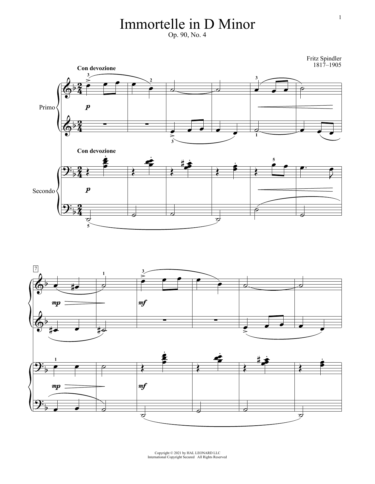 Fritz Spindler Immortelle, Op. 90, No. 4 Sheet Music Notes & Chords for Piano Duet - Download or Print PDF