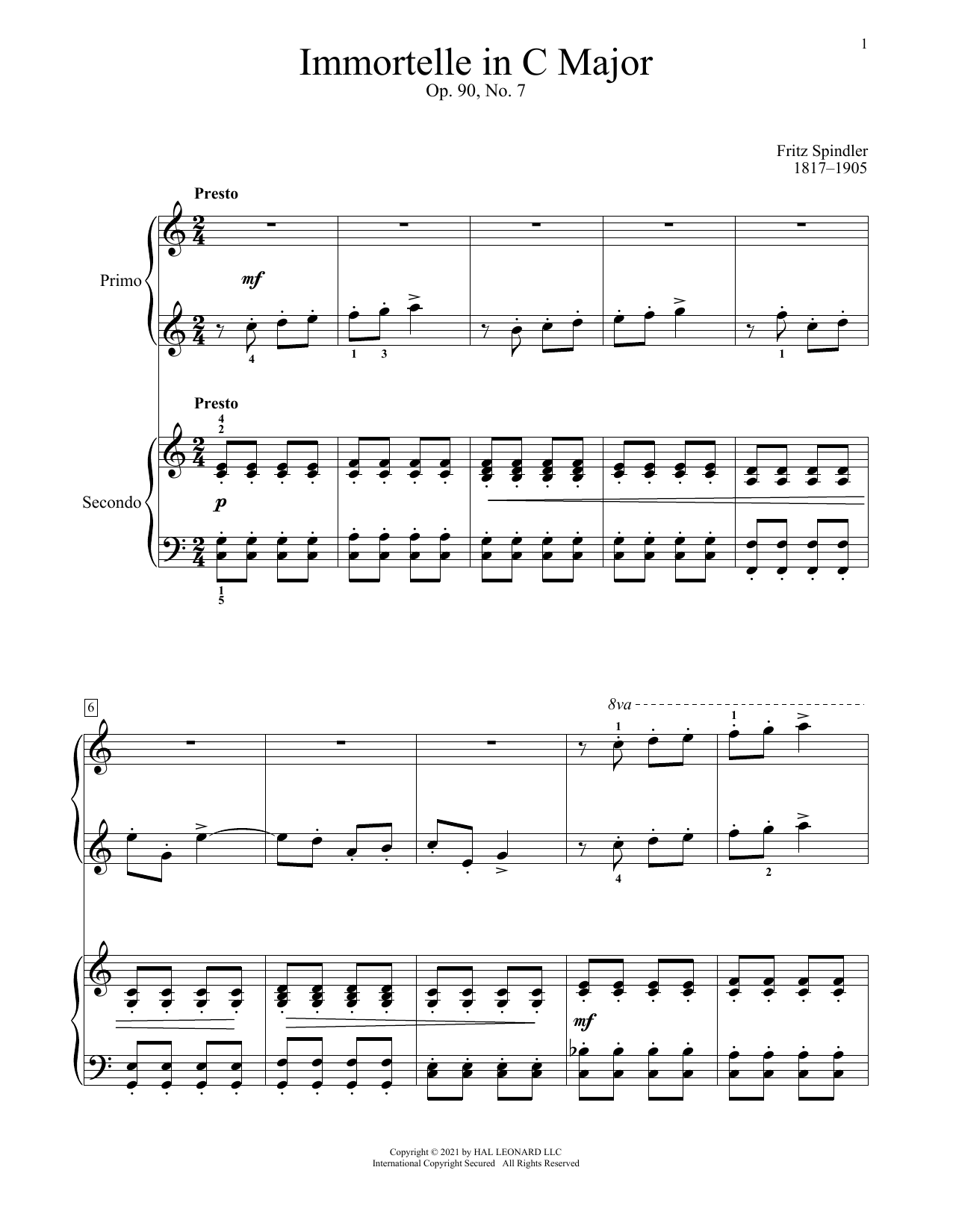 Fritz Spindler Immortelle, Op. 90, No. 7 Sheet Music Notes & Chords for Piano Duet - Download or Print PDF