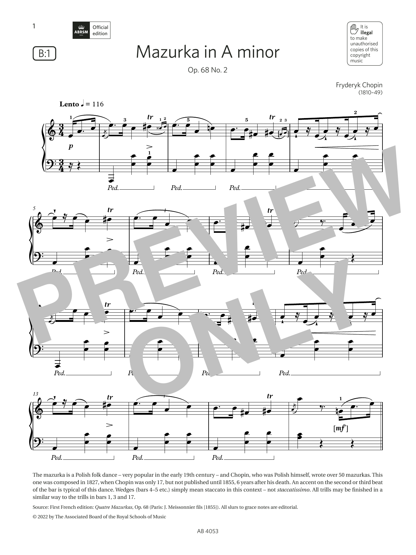 Fryderyk Chopin Mazurka in A minor (Grade 7, list B1, from the ABRSM Piano Syllabus 2023 & 2024) Sheet Music Notes & Chords for Piano Solo - Download or Print PDF