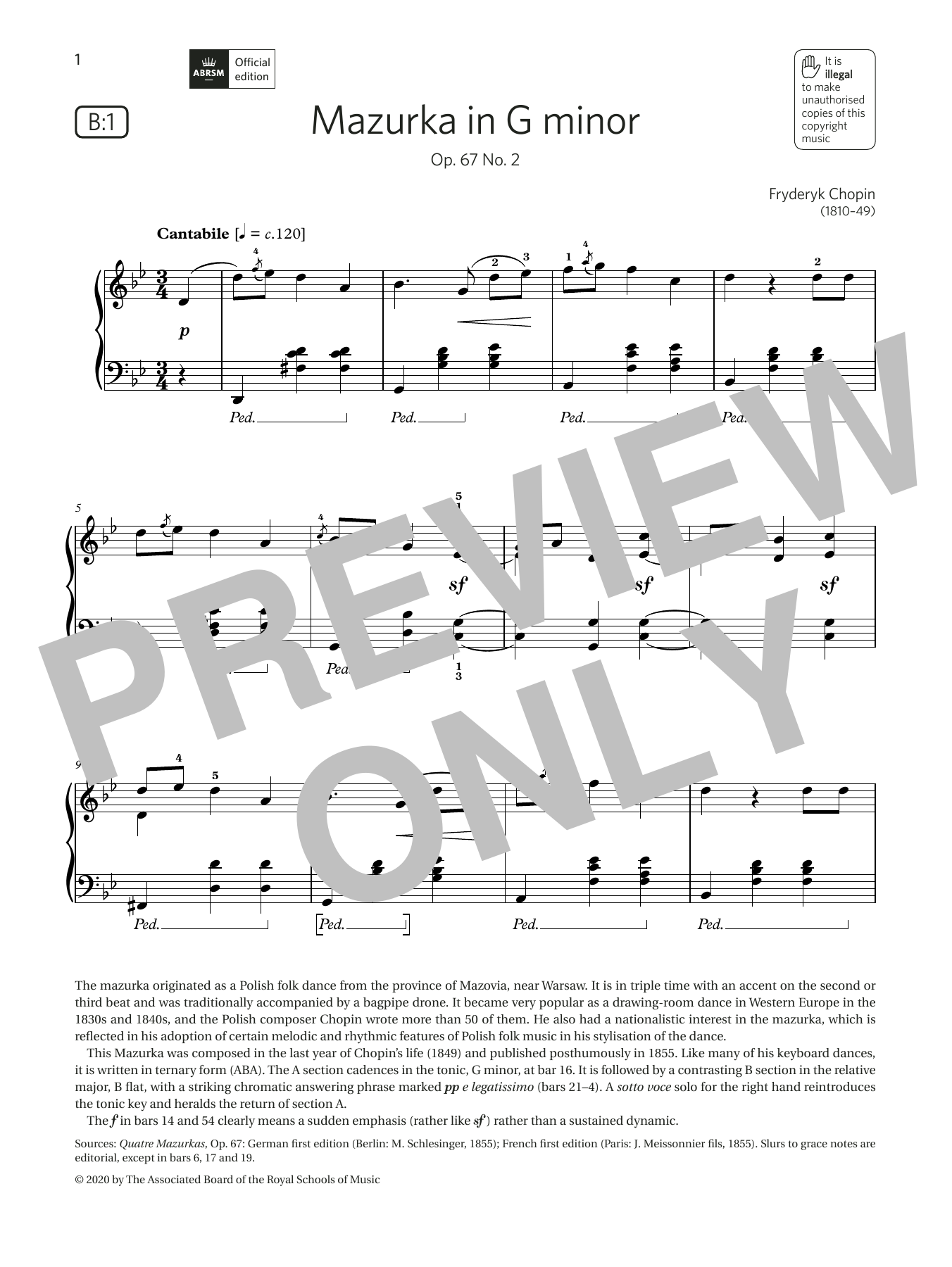 Fryderyk Chopin Mazurka in G minor (Grade 6, list B1, from the ABRSM Piano Syllabus 2021 & 2022) Sheet Music Notes & Chords for Piano Solo - Download or Print PDF
