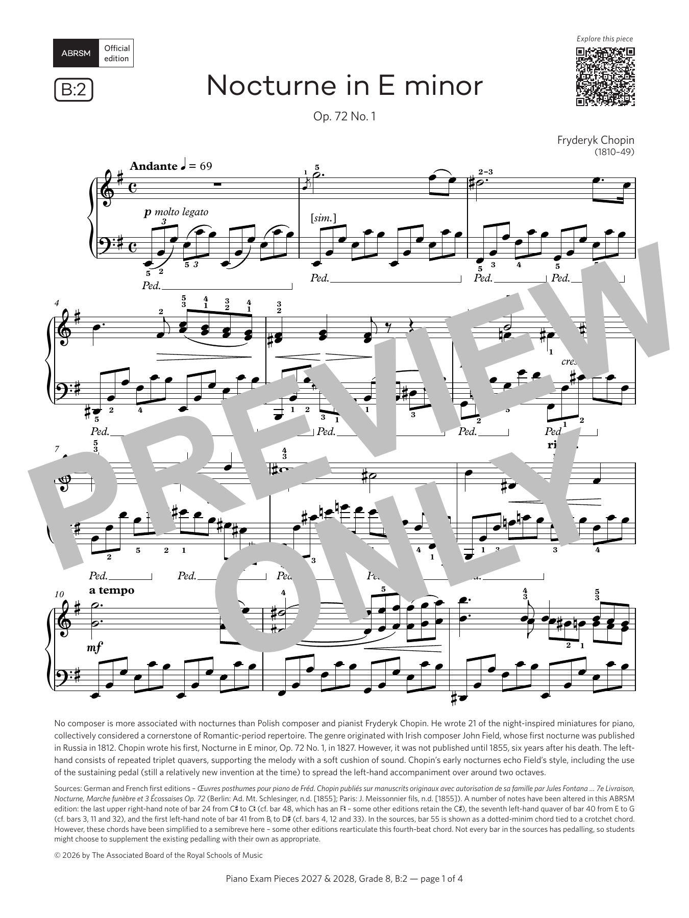 Fryderyk Chopin Nocturne in E minor (Grade 8, list B2, from the ABRSM Piano Syllabus 2027 & 2028) Sheet Music Notes & Chords for Piano Solo - Download or Print PDF