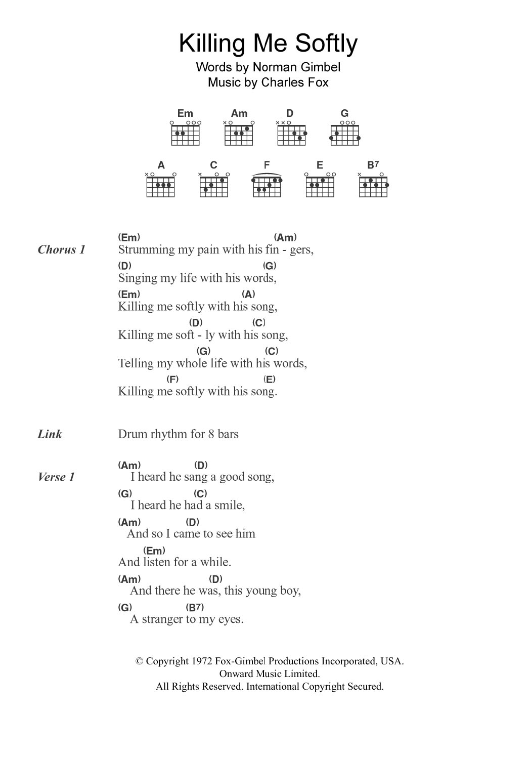 Fugees Killing Me Softly Sheet Music Notes & Chords for Guitar Chords/Lyrics - Download or Print PDF