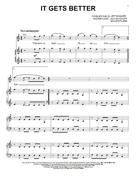 fun. It Gets Better Sheet Music Notes & Chords for Piano, Vocal & Guitar (Right-Hand Melody) - Download or Print PDF