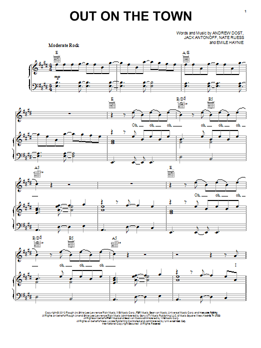 fun. Out On The Town Sheet Music Notes & Chords for Piano, Vocal & Guitar (Right-Hand Melody) - Download or Print PDF