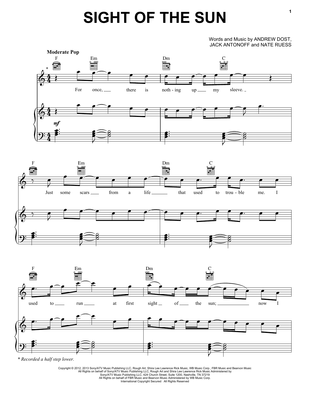 Fun Sight Of The Sun Sheet Music Notes & Chords for Piano, Vocal & Guitar (Right-Hand Melody) - Download or Print PDF