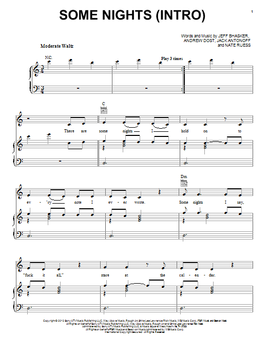fun. Some Nights (Intro) Sheet Music Notes & Chords for Piano, Vocal & Guitar (Right-Hand Melody) - Download or Print PDF