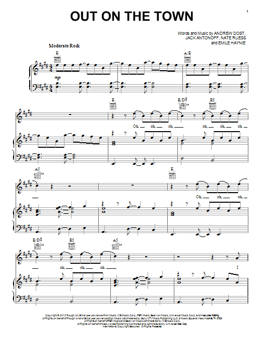 Preview fun. Out On The Town Pop sheet music, notes and chords for Piano, Vocal & Guitar (Right-Hand Melody), SKU: 92881 Out On The Town sheet music