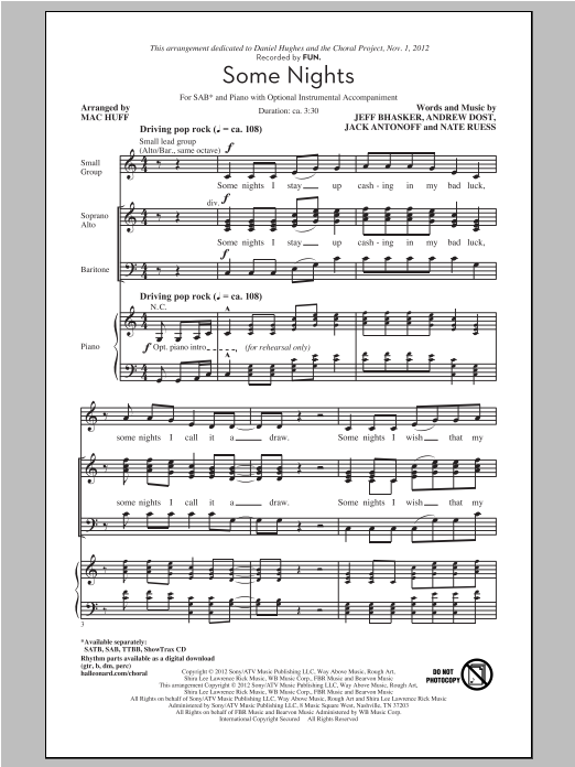 Preview fun. Some Nights (arr. Mac Huff) Rock sheet music, notes and chords for SAB, SKU: 94009 Some Nights (arr. Mac Huff) sheet music