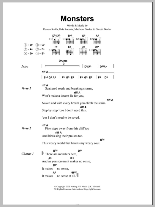 Funeral For A Friend Monsters Sheet Music Notes & Chords for Lyrics & Chords - Download or Print PDF