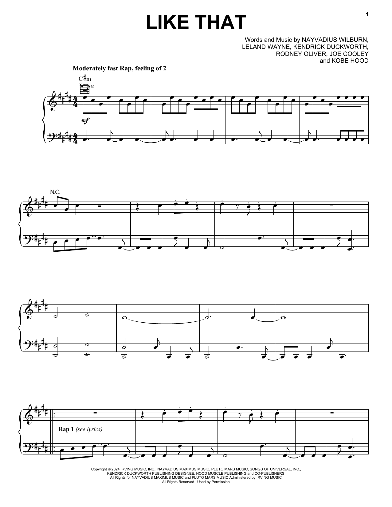 Future & Metro Boomin feat. Kendrik Lamar Like That Sheet Music Notes & Chords for Piano, Vocal & Guitar Chords (Right-Hand Melody) - Download or Print PDF