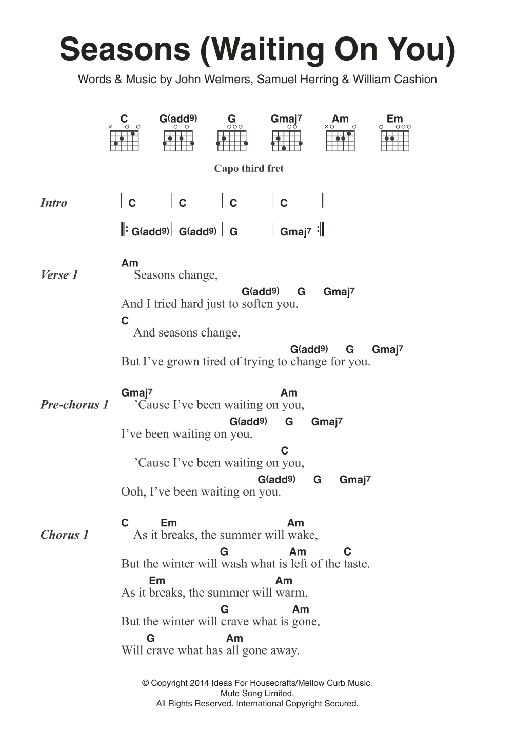 Future Islands Seasons (Waiting On You) Sheet Music Notes & Chords for Lyrics & Chords - Download or Print PDF