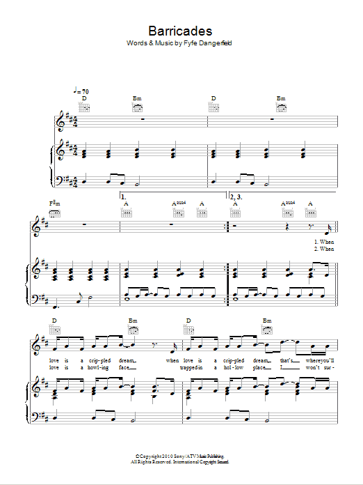 Fyfe Dangerfield Barricades Sheet Music Notes & Chords for Piano, Vocal & Guitar (Right-Hand Melody) - Download or Print PDF