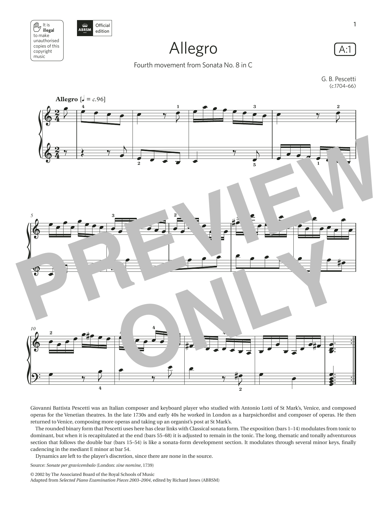 G. B. Pescetti Allegro (Grade 6, list A1, from the ABRSM Piano Syllabus 2021 & 2022) Sheet Music Notes & Chords for Piano Solo - Download or Print PDF