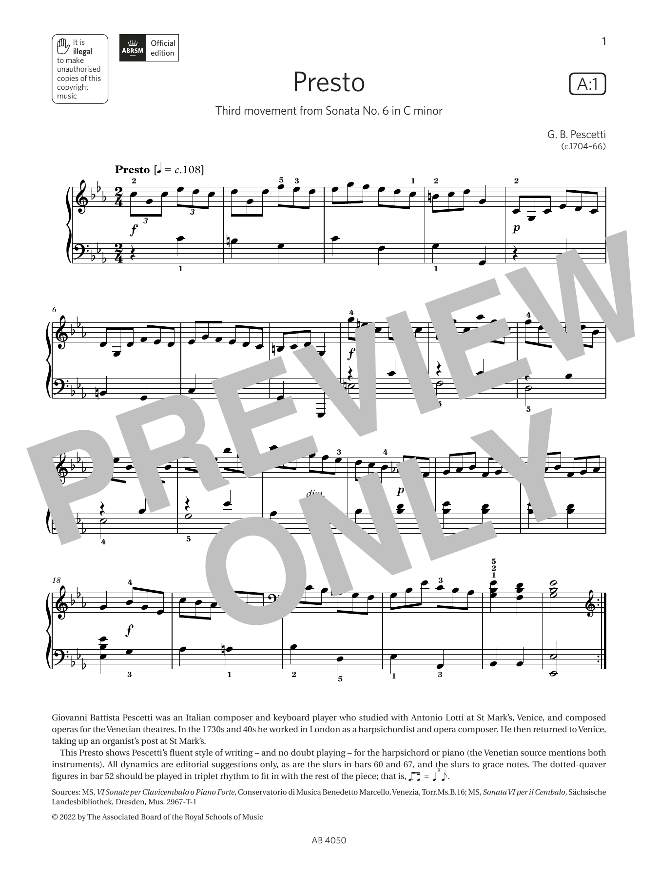G B Pescetti Presto (Grade 4, list A1, from the ABRSM Piano Syllabus 2023 & 2024) Sheet Music Notes & Chords for Piano Solo - Download or Print PDF