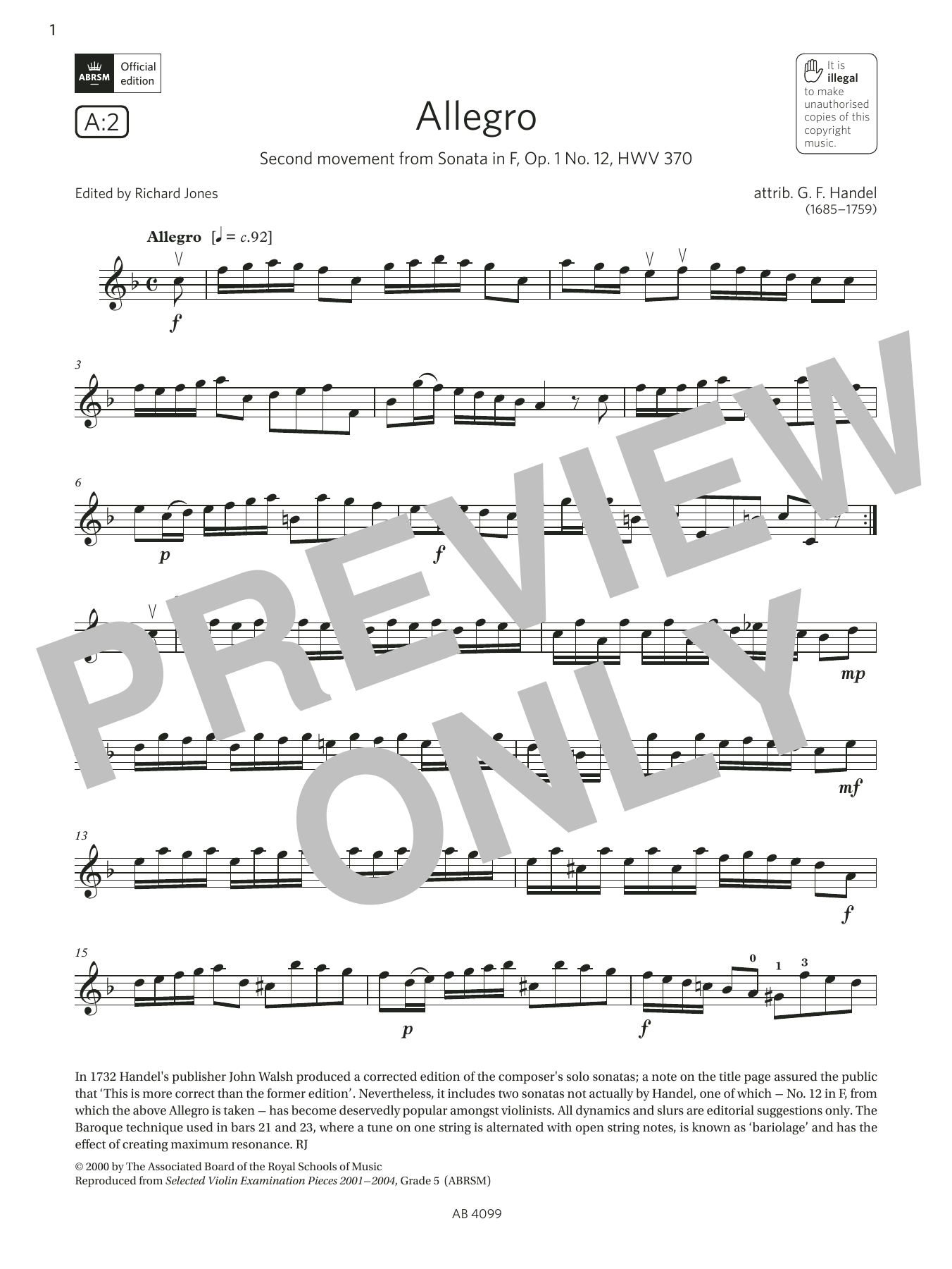 G. F. Handel Allegro (Grade 5, A2, from the ABRSM Violin Syllabus from 2024) Sheet Music Notes & Chords for Violin Solo - Download or Print PDF