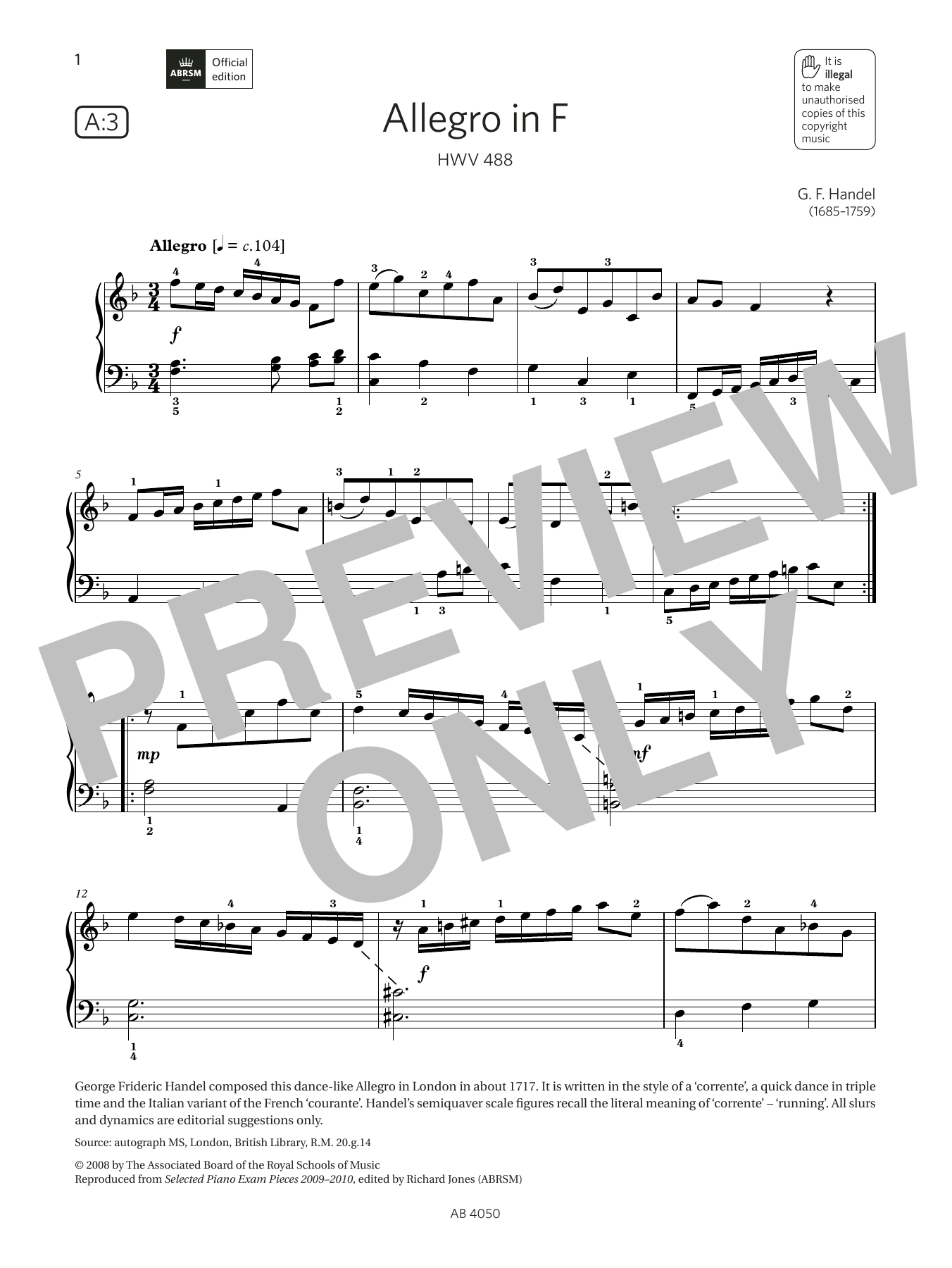 G F Handel Allegro in F (Grade 4, list A3, from the ABRSM Piano Syllabus 2023 & 2024) Sheet Music Notes & Chords for Piano Solo - Download or Print PDF