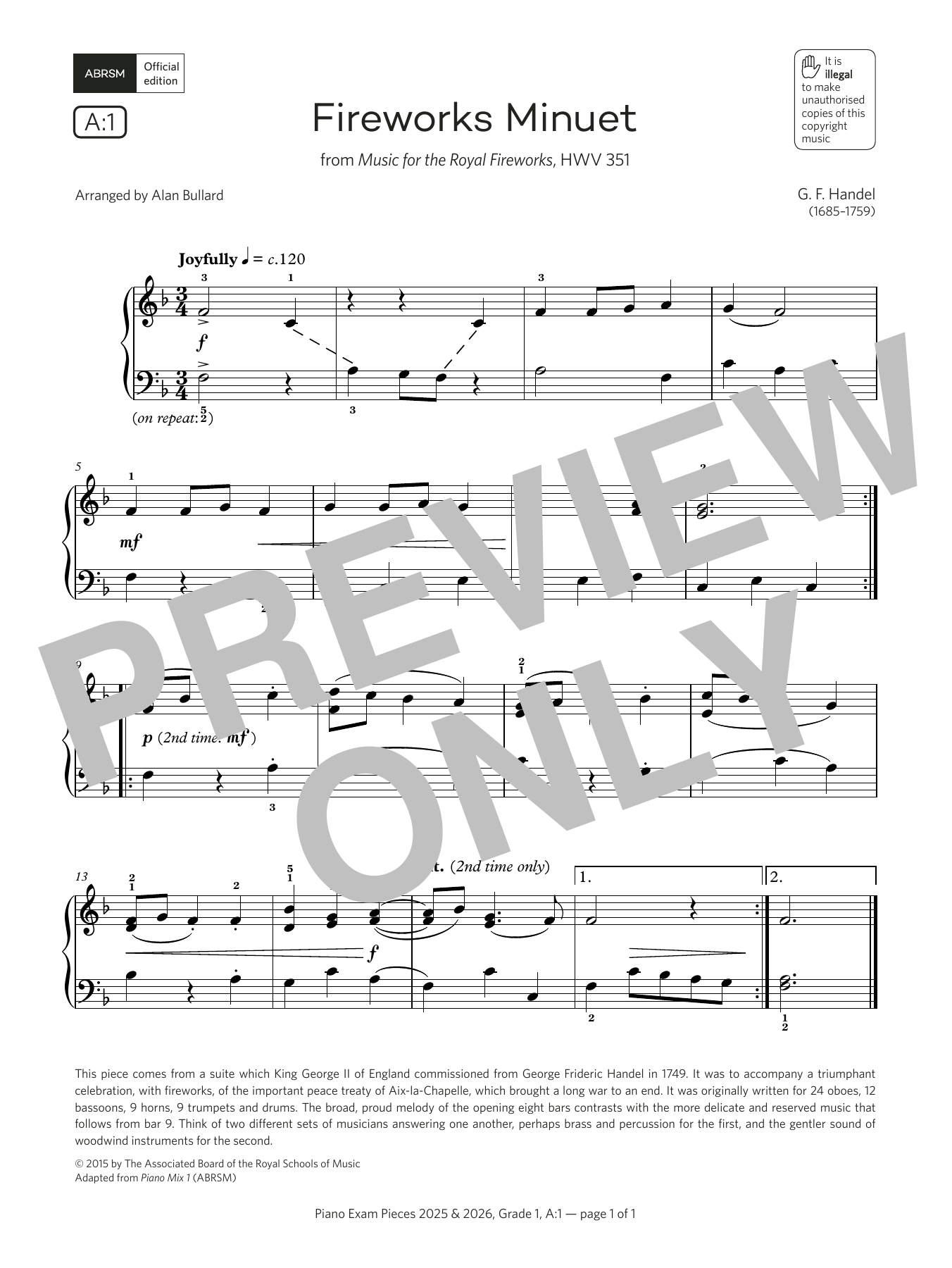 G. F. Handel Fireworks Minuet (Grade 1, list A1, from the ABRSM Piano Syllabus 2025 & 2026) Sheet Music Notes & Chords for Piano Solo - Download or Print PDF