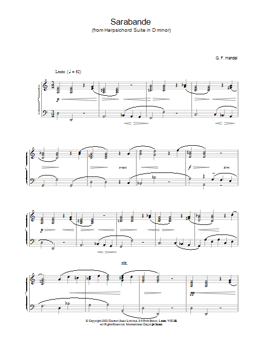 G. F. Handel Sarabande Sheet Music Notes & Chords for Piano - Download or Print PDF