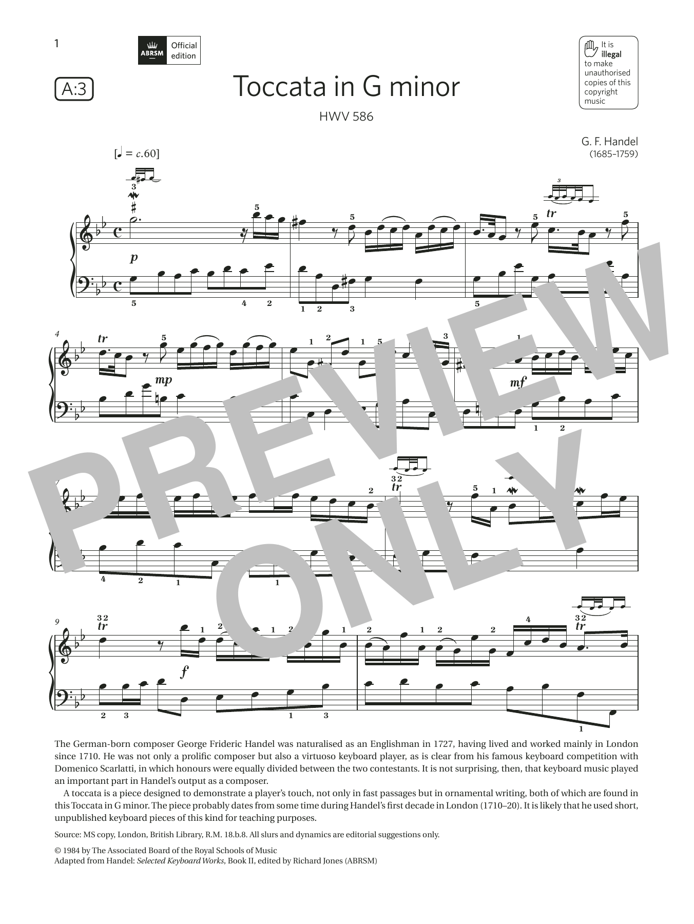 G. F. Handel Toccata in G minor (Grade 5, list A3, from the ABRSM Piano Syllabus 2021 & 2022) Sheet Music Notes & Chords for Piano Solo - Download or Print PDF