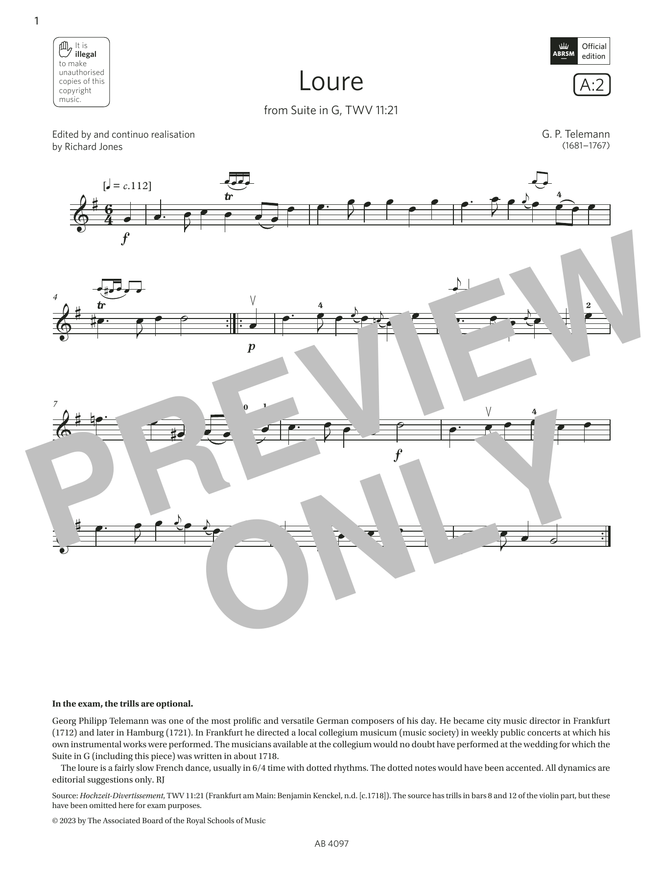 G. P. Telemann Loure (Grade 3, A2, from the ABRSM Violin Syllabus from 2024) Sheet Music Notes & Chords for Violin Solo - Download or Print PDF