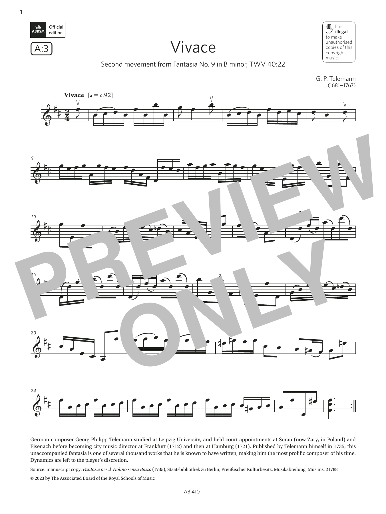 G. P. Telemann Vivace (Grade 7, A3, from the ABRSM Violin Syllabus from 2024) Sheet Music Notes & Chords for Violin Solo - Download or Print PDF