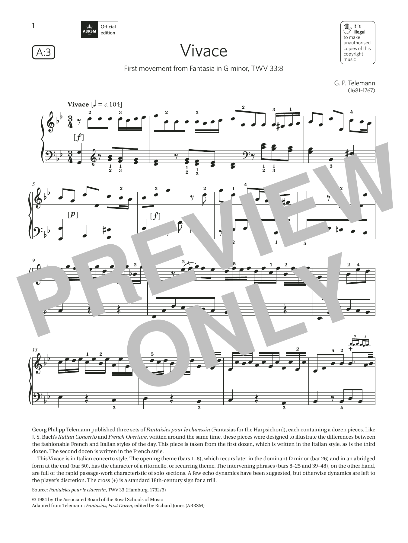 G. P. Telemann Vivace (Grade 7, list A3, from the ABRSM Piano Syllabus 2021 & 2022) Sheet Music Notes & Chords for Piano Solo - Download or Print PDF