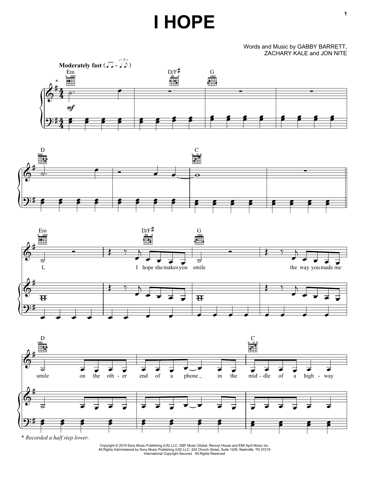 Gabby Barrett I Hope Sheet Music Notes & Chords for Piano, Vocal & Guitar (Right-Hand Melody) - Download or Print PDF