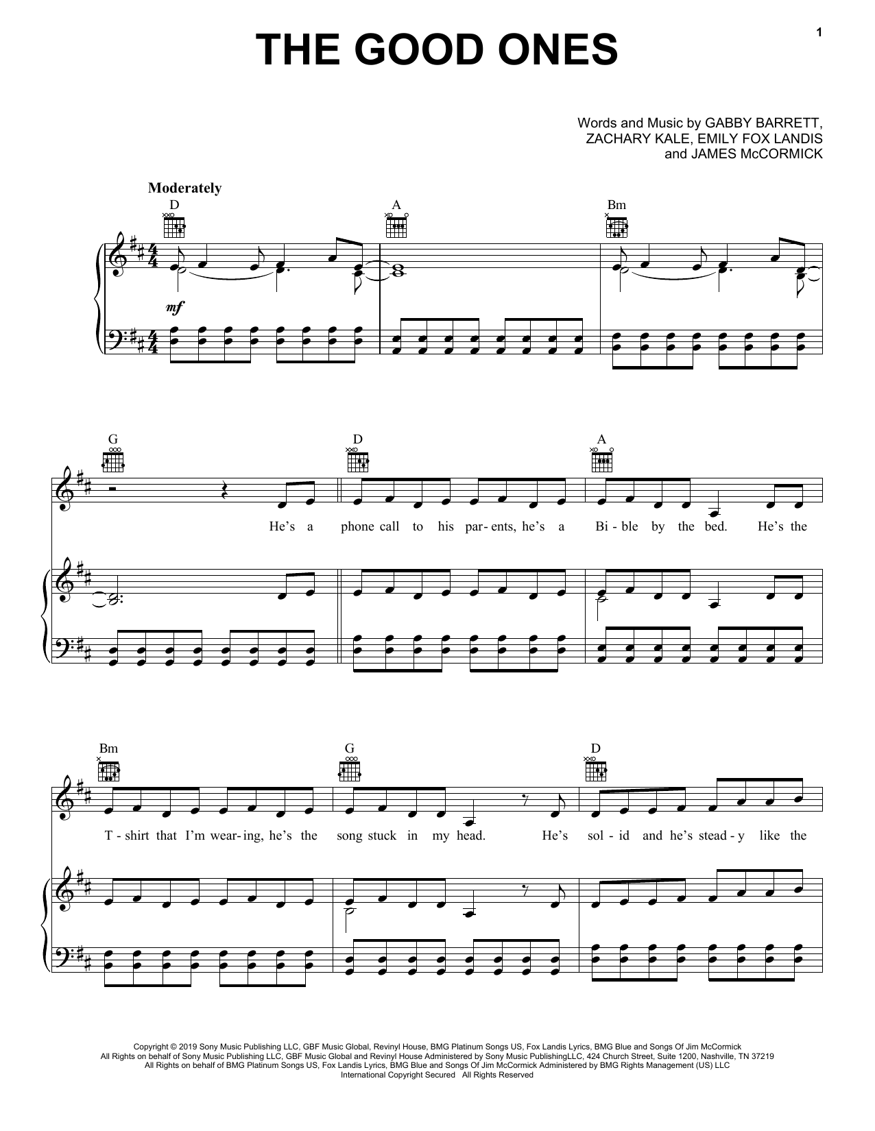 Gabby Barrett The Good Ones Sheet Music Notes & Chords for Piano, Vocal & Guitar (Right-Hand Melody) - Download or Print PDF