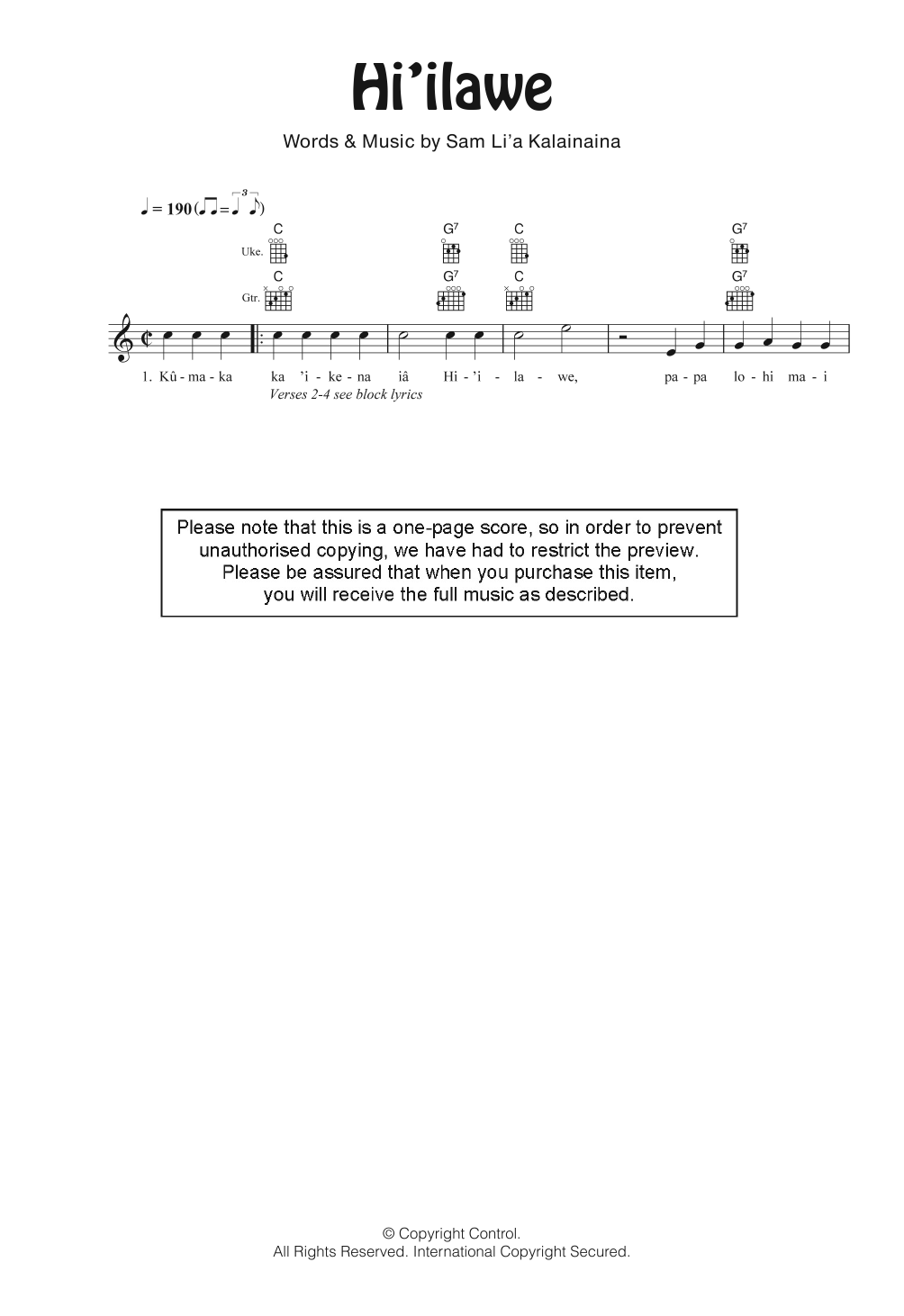 Gabby Pahinui Hi'ilawe Sheet Music Notes & Chords for Ukulele - Download or Print PDF