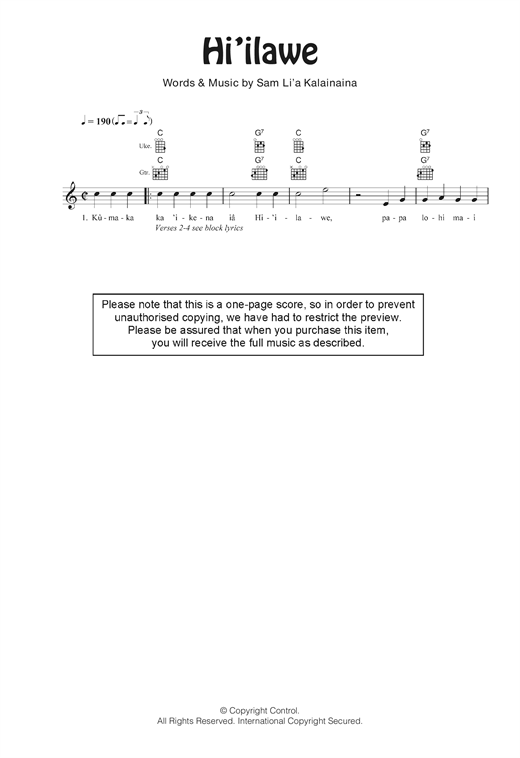 Gabby Pahinui Hi'ilawe Sheet Music Notes & Chords for Ukulele - Download or Print PDF