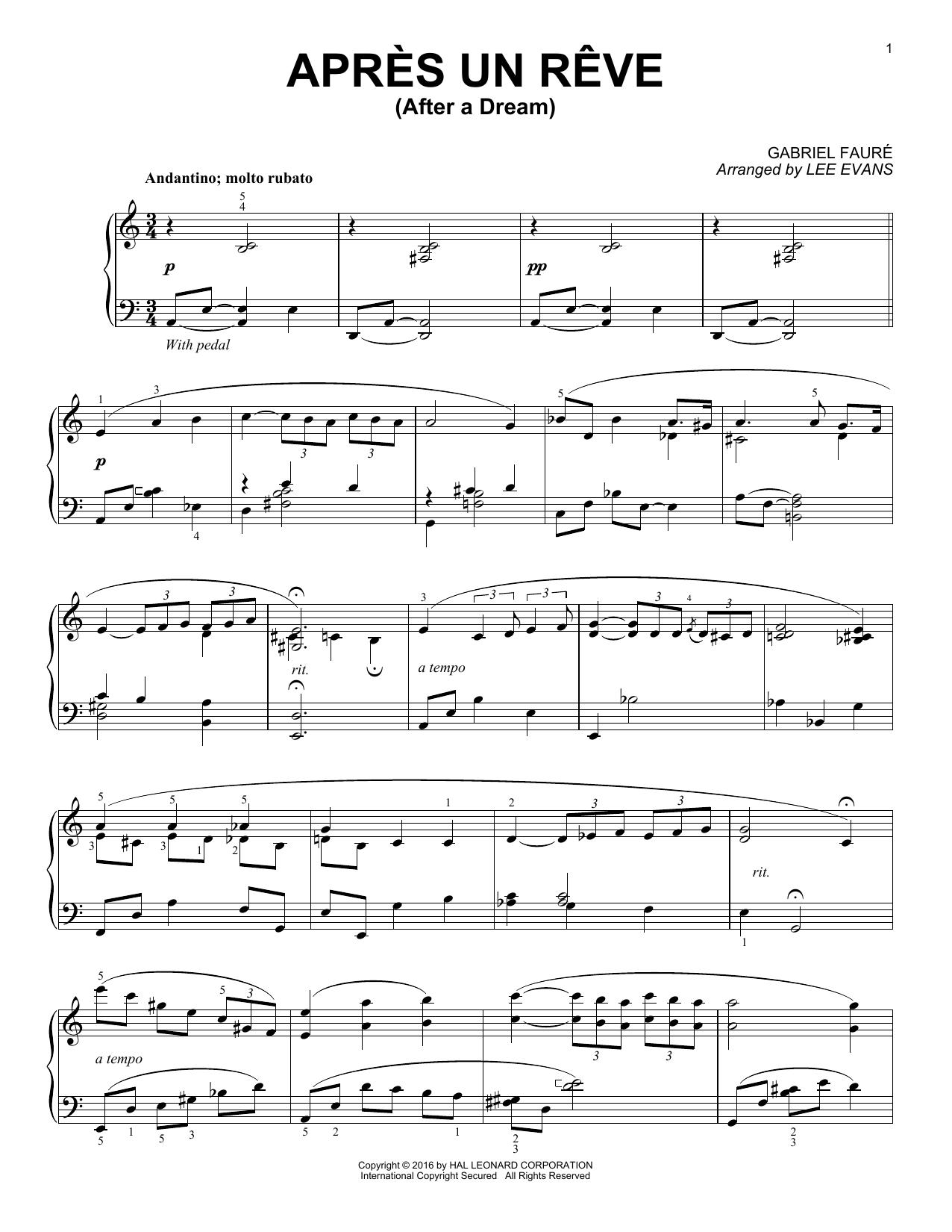 Lee Evans Apres un reve Sheet Music Notes & Chords for Piano - Download or Print PDF