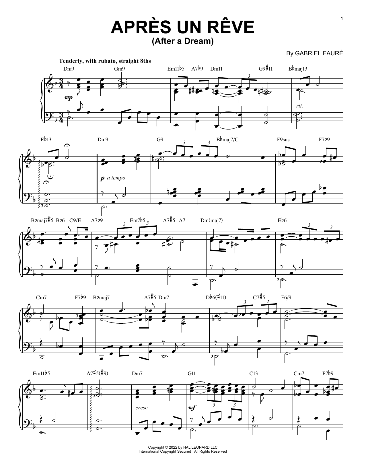 Gabriel Faure Apres Un Reve [Jazz version] (arr. Brent Edstrom) Sheet Music Notes & Chords for Piano Solo - Download or Print PDF