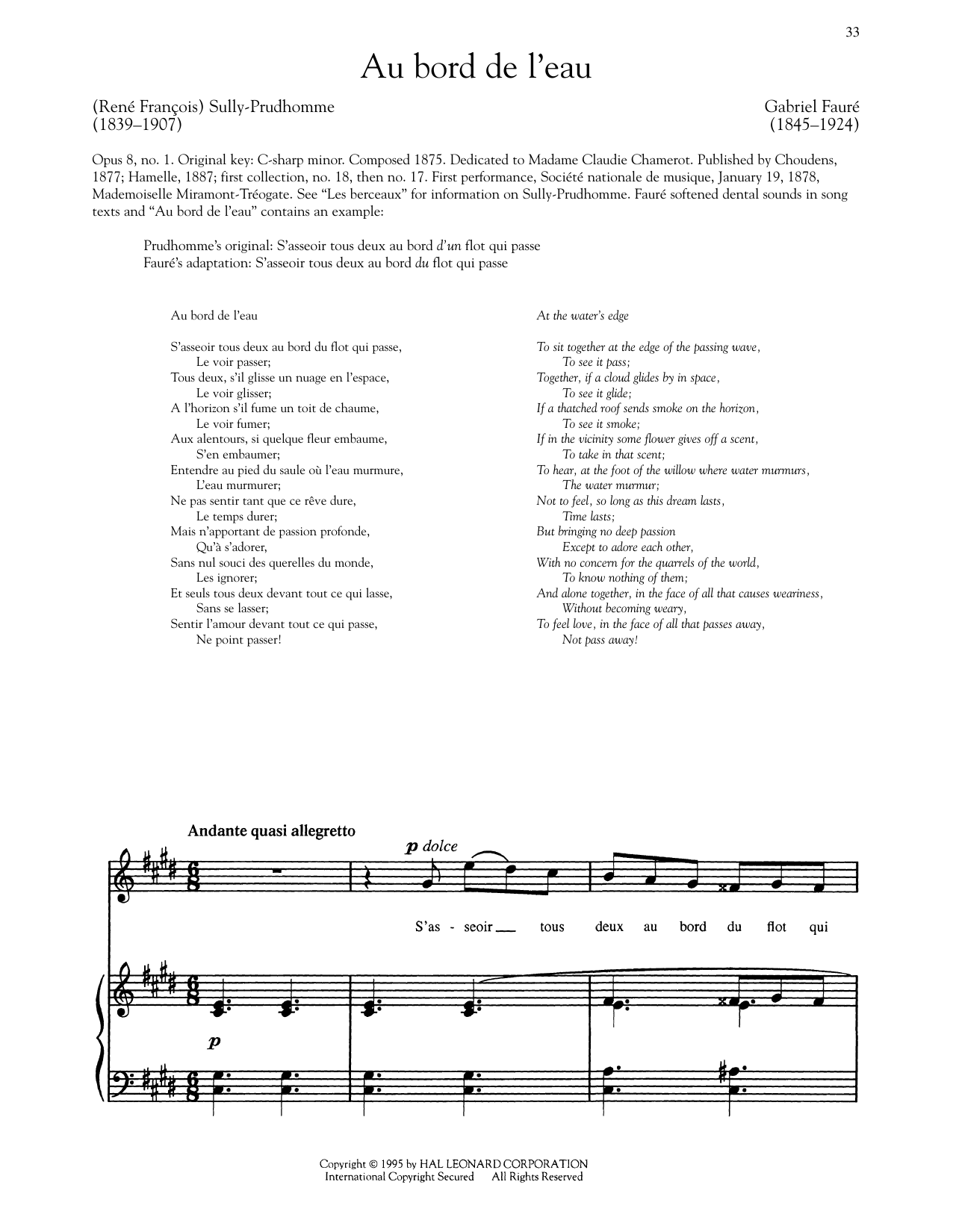 Gabriel Faure Au Bord De L'eau Sheet Music Notes & Chords for Piano & Vocal - Download or Print PDF
