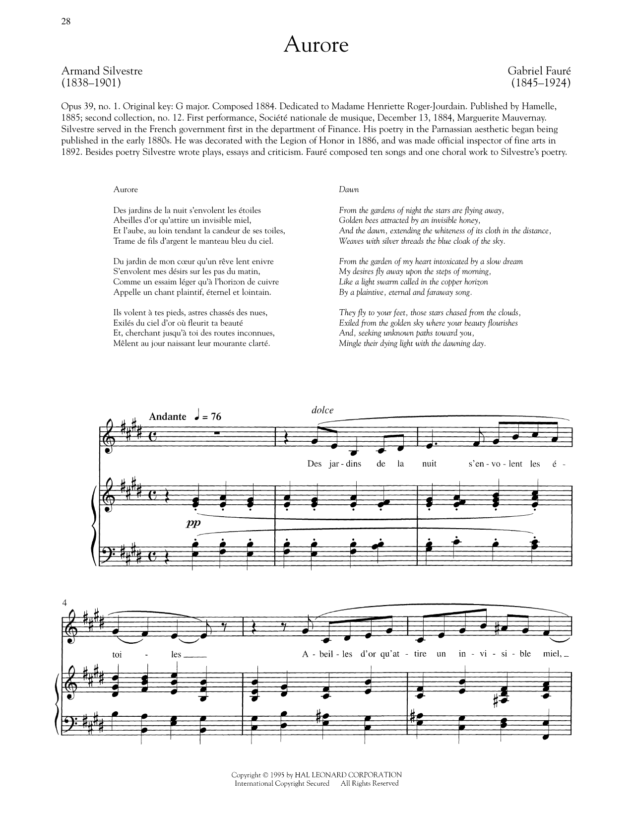 Gabriel Fauré Aurore (Low Voice) Sheet Music Notes & Chords for Piano & Vocal - Download or Print PDF