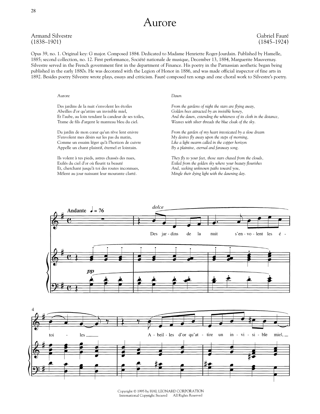 Gabriel Faure Aurore Sheet Music Notes & Chords for Piano & Vocal - Download or Print PDF