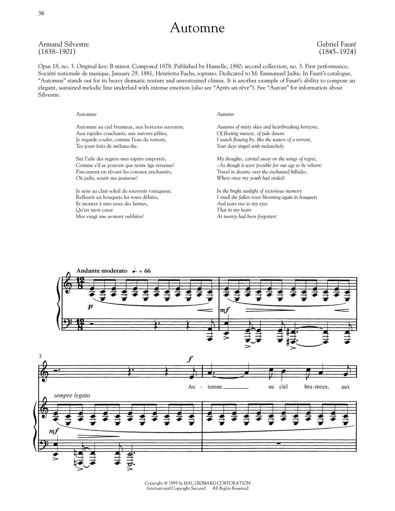 Gabriel Fauré Automne (Low Voice) Sheet Music Notes & Chords for Piano & Vocal - Download or Print PDF
