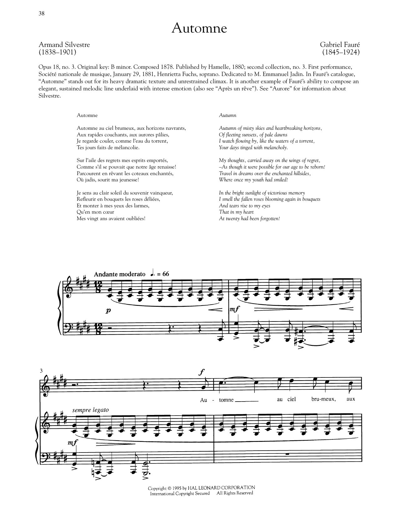 Gabriel Faure Automne Sheet Music Notes & Chords for Piano & Vocal - Download or Print PDF