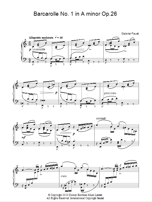 Gabriel Faure Barcarolle No. 1 In A Minor, Op. 26 Sheet Music Notes & Chords for Piano - Download or Print PDF