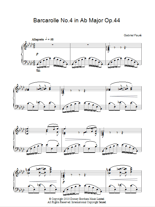 Gabriel Faure Barcarolle No. 4 In A Flat Major, Op. 44 Sheet Music Notes & Chords for Piano - Download or Print PDF