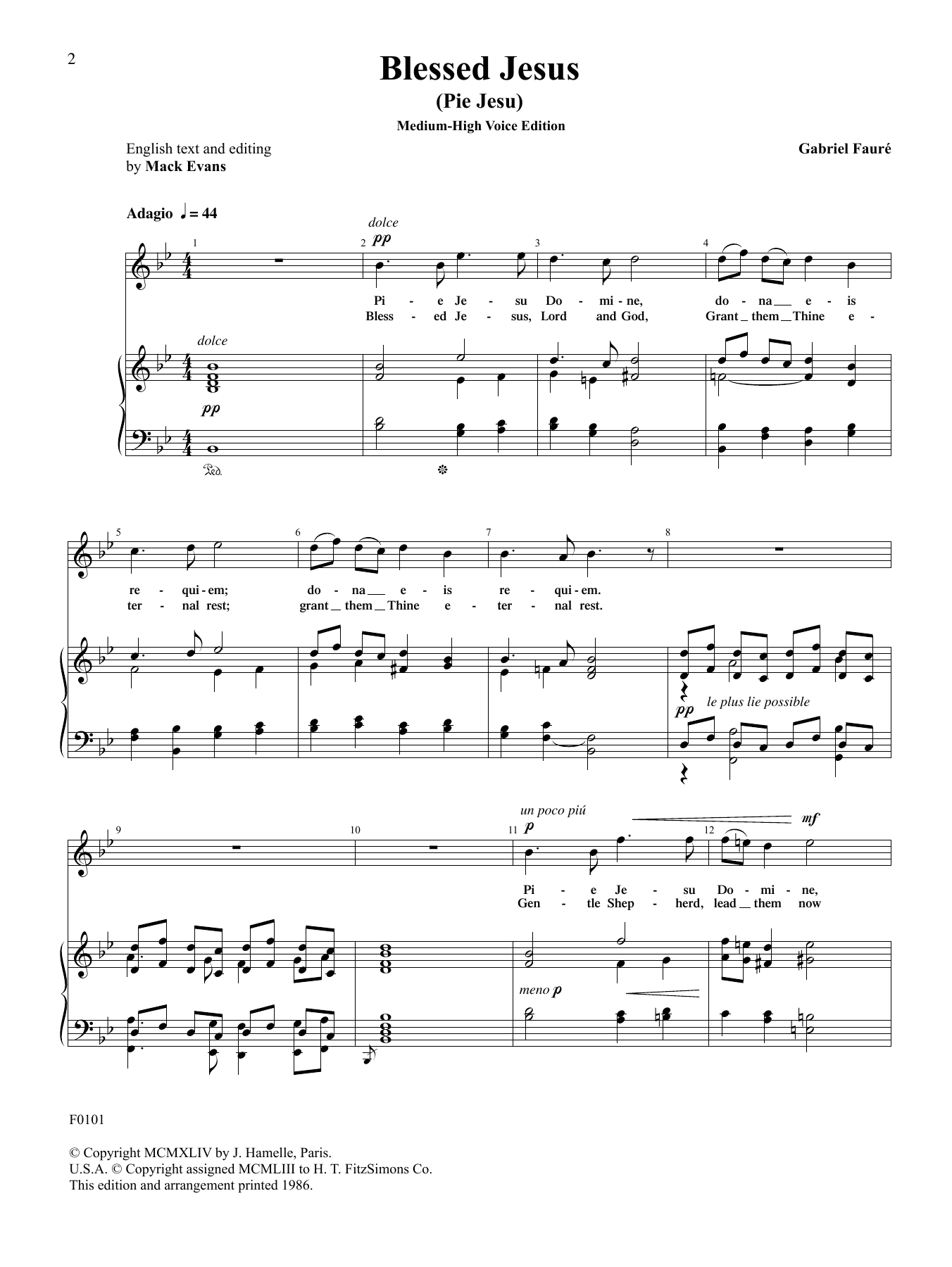 Gabriel Faure Blessed Jesus (Pie Jesu) (High Voice) Sheet Music Notes & Chords for Piano & Vocal - Download or Print PDF